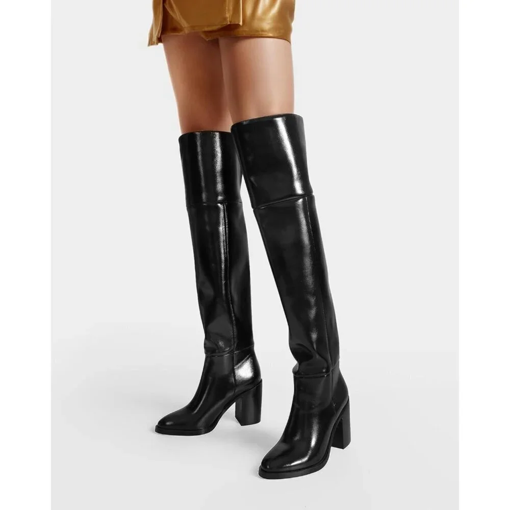 Women Black Pu Over the Knee Square Toe Chunky Heel Patent Leather Long Boots